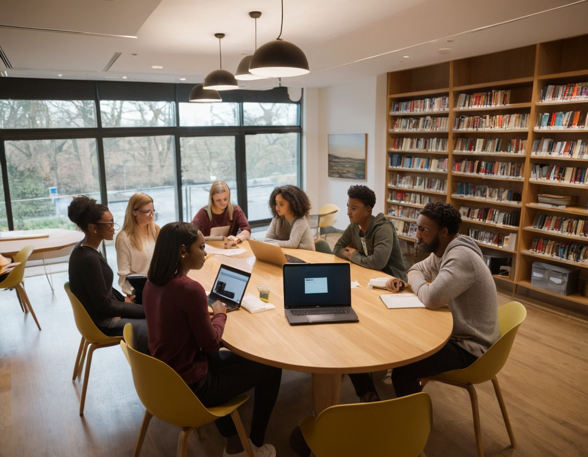 Illustration of students collaborating using AI tools for group assignments